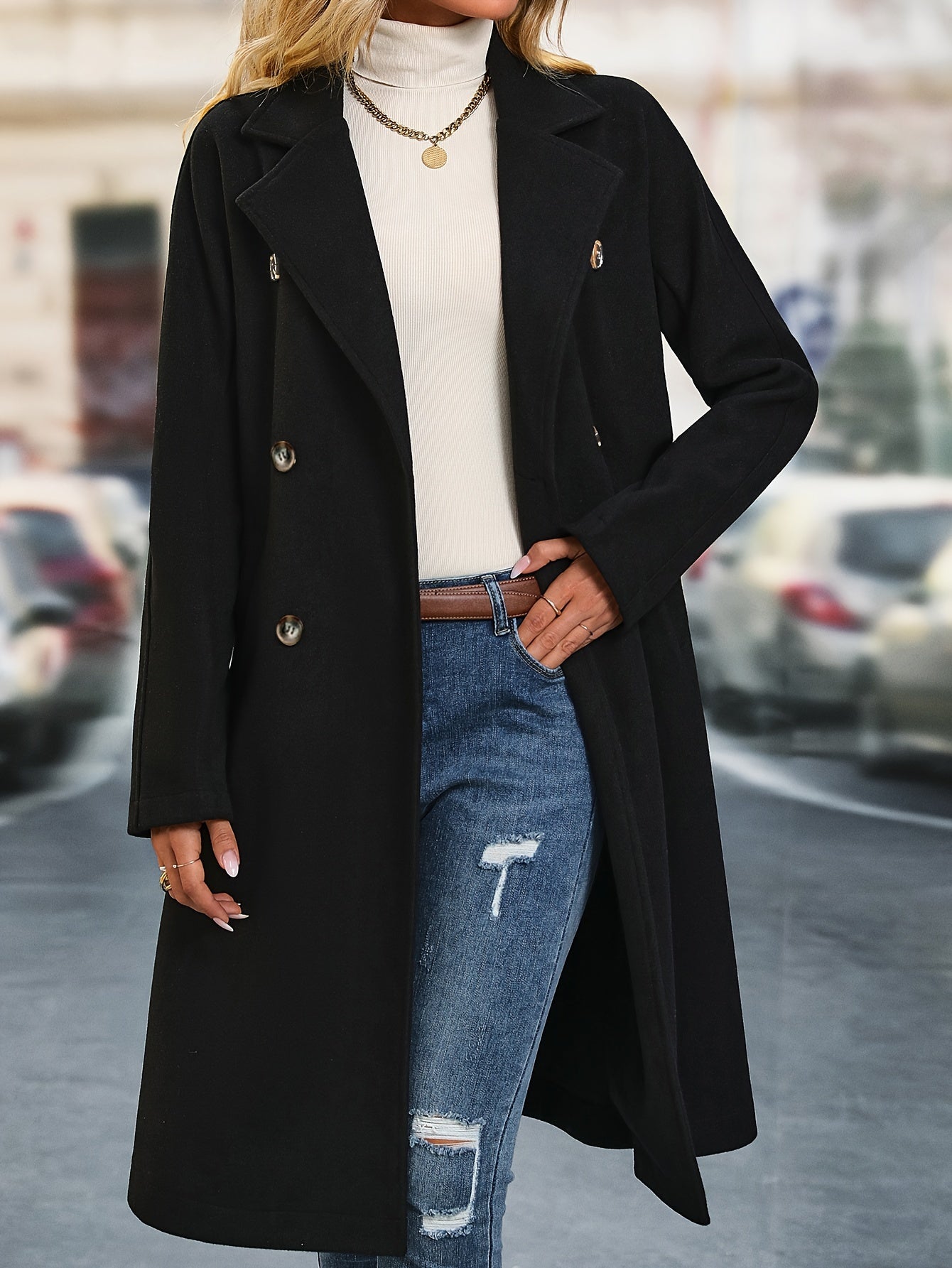 Women's Double-Breasted Belted Thermal Midi Coat, Long Sleeve Winter Overcoat MyFave Boutique