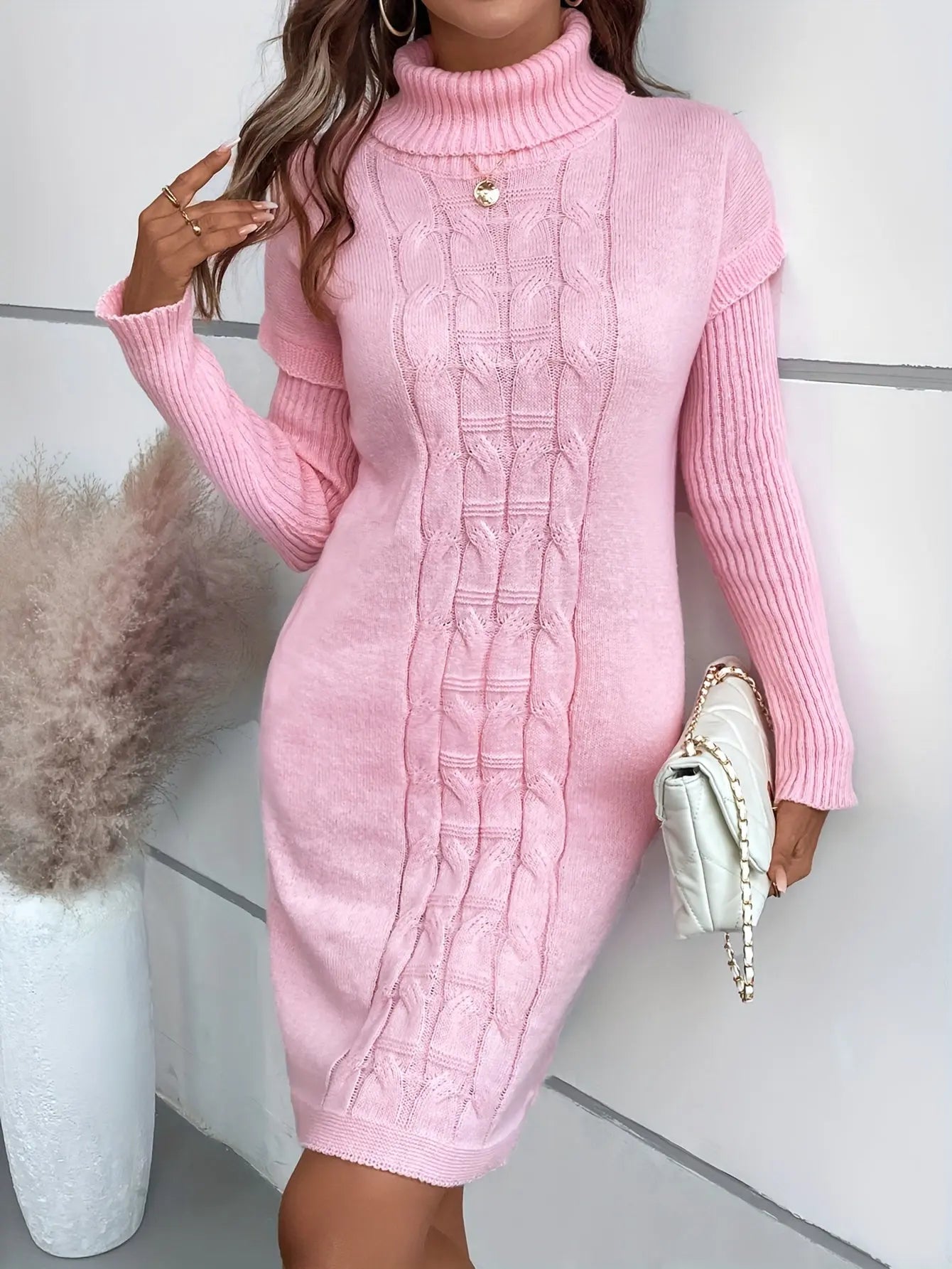 Long Sleeve Cable Knit Dress, Elegant Solid Color Turtle Neck Drop Shoulder Slim Dress For Fall & Winter, Women's Clothing MyFave Boutique