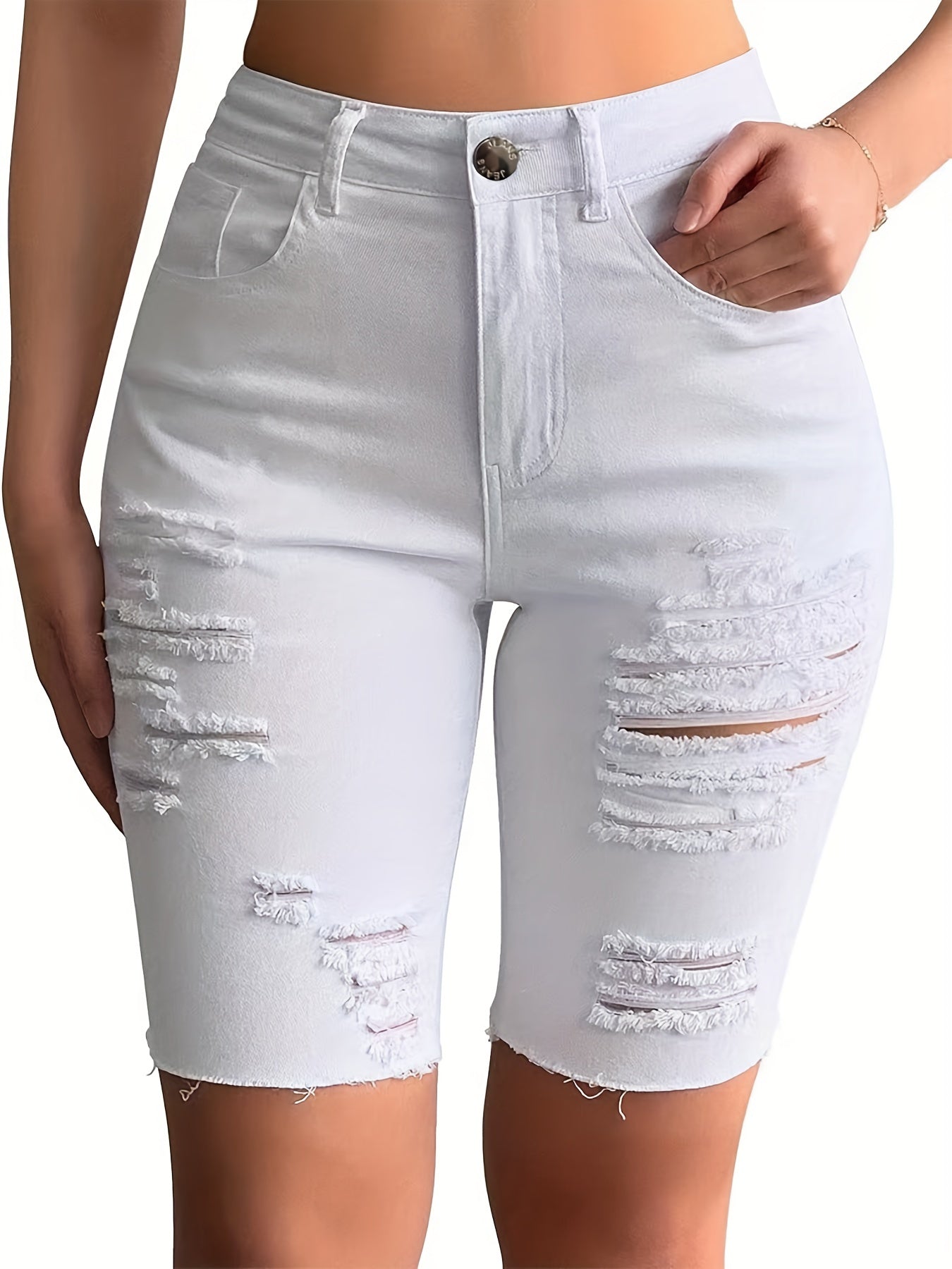 High Rise Ripped Distressed Denim Cycling Shorts - Stretchy, Raw Hem, Solid Color, No Printing, Casual Style for Spring/Summer - Womens Denim Jeans & Clothing MyFave Boutique