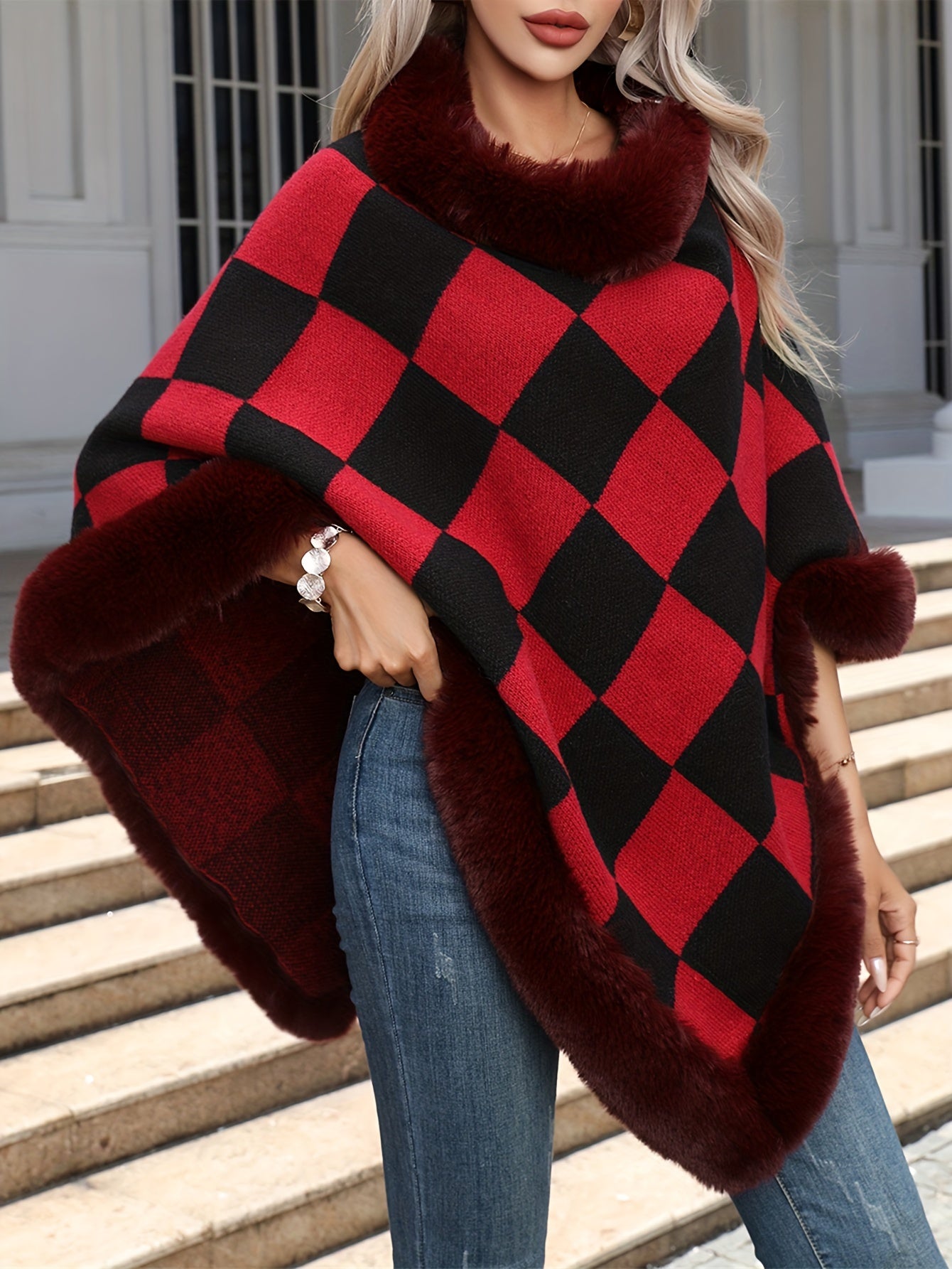 Chic Plaid Print Faux Fur Trim Poncho with Thermal Hanky Hem for Women's Clothing MyFave Boutique