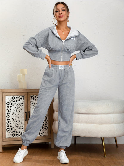 Solid Casual Two-piece Set, Zip Up Long Sleeve Hoodies & Elastic Waist Jogger Pants Outfits, Women's Clothing MyFave Boutique