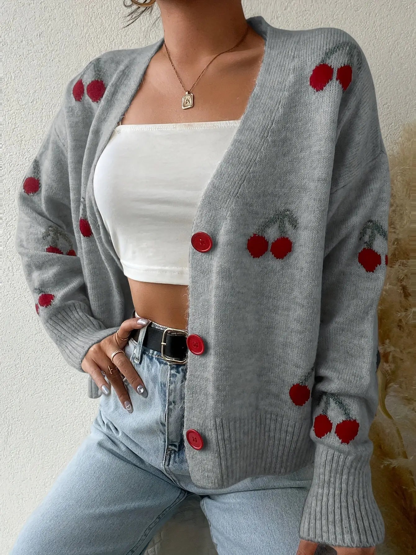 Elegant Acrylic Sweater Cardigan with Color Block Cherry Pattern, V-Neck Knit Fabric Pullover for All Seasons MyFave Boutique