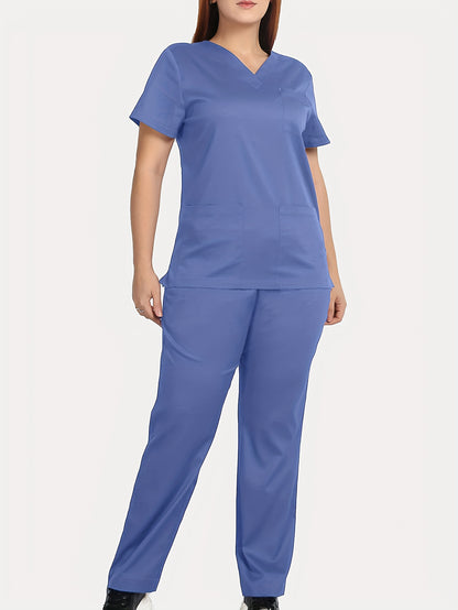 Functional Two-piece Set, V Neck Short Sleeve Pockets Uniforms Top & Straight Leg Pants, Women's Clothings MyFave Boutique