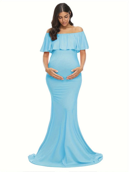 Womens Off Shoulder Maternity Dress Ruffles Elegant Slim Gowns Fit Maxi Photography Dress MyFave Boutique