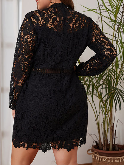 Plus Size Elegant Dress, Women's Plus Solid Lace Long Sleeve Round Neck Mini Dress MyFave Boutique