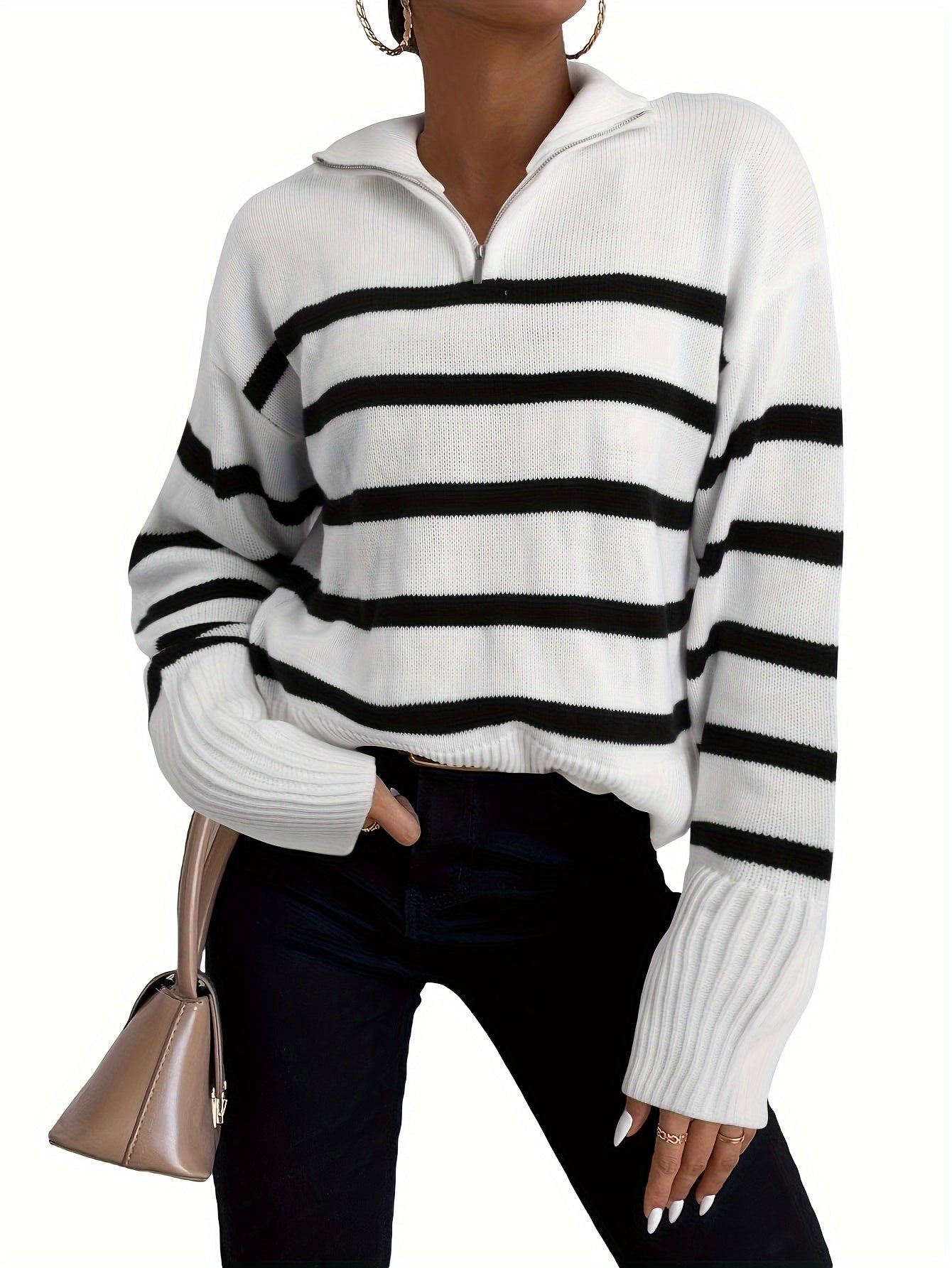 Stripes Print Lapel Neck Pullover Sweater, Casual Quarter Zipper Long Sleeve Knitted Sweater For Fall & Winter, Women's Clothing MyFave Boutique