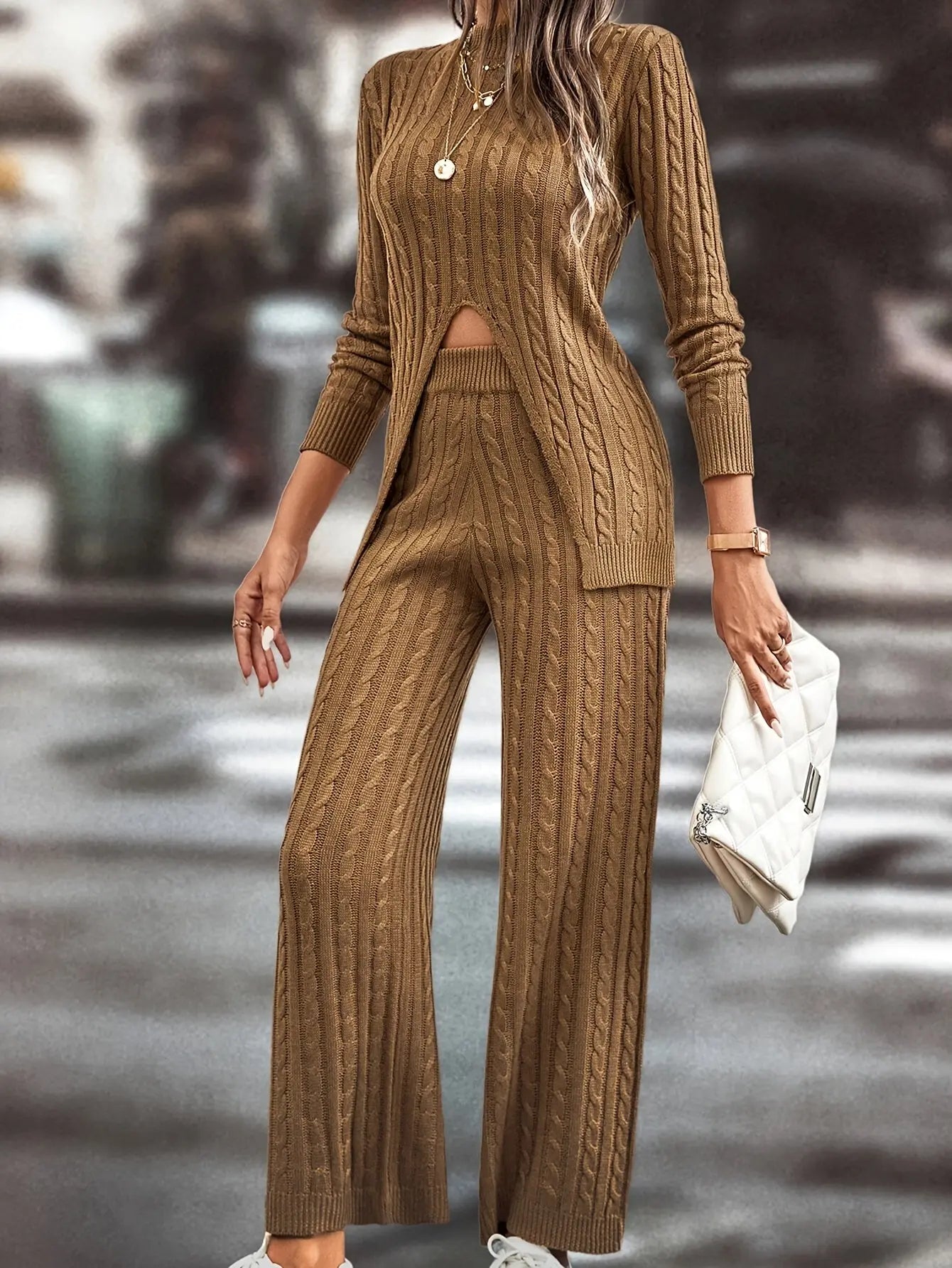 Elegant Cable Knit Pantsuits, Mock Neck Long Sleeve Split Pullover Sweater & High Waist Wide Leg Pants Outfits, Women's Clothing MyFave Boutique