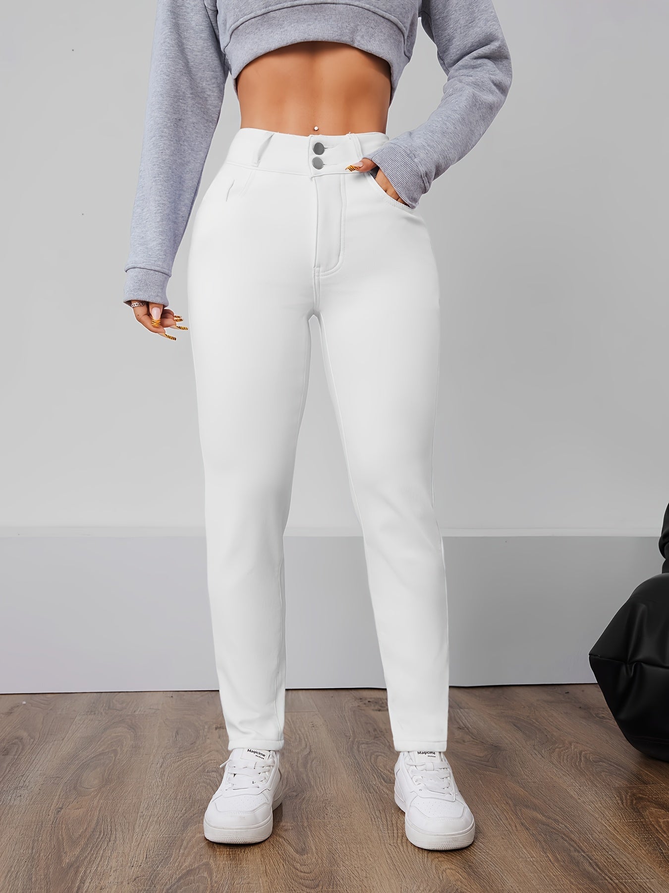 Women's High-Waisted Long Pants With Zipper Closure, Mid-Rise Stretch Cotton Blend, Straight Leg, Casual Streetwear For Fall And Winter MyFave Boutique