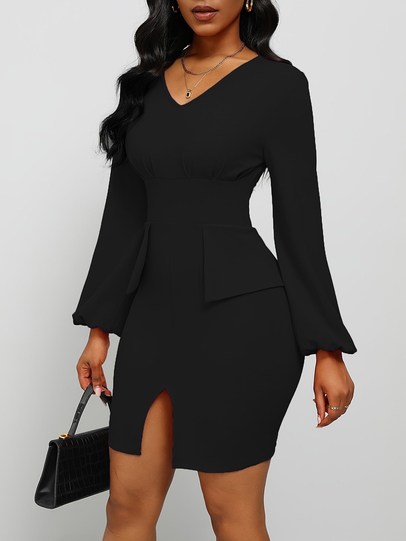 Split Lantern Long Sleeve Dress, Elegant Solid V Neck Bodycon Dress, Women's Clothing MyFave Boutique