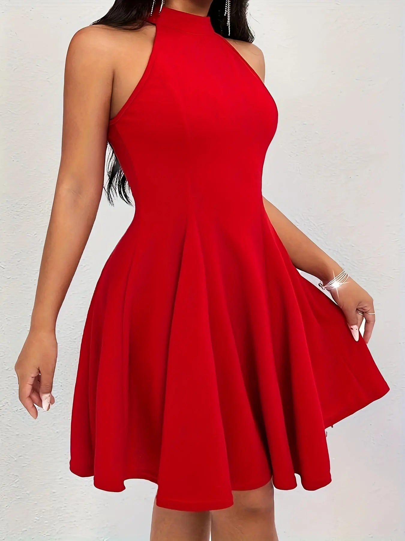 Elegant Sleeveless Halter Neck Swing Dress for Women - Solid Color, Slim Fit, Waist Accent - Perfect for Any Occasion MyFave Boutique