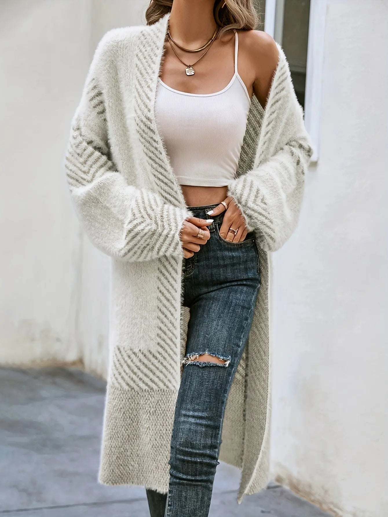 Color Block Striped Knit Cardigan, Casual Open Front Long Length Sweater Coat For Fall & Winter, Women's Clothing MyFave Boutique