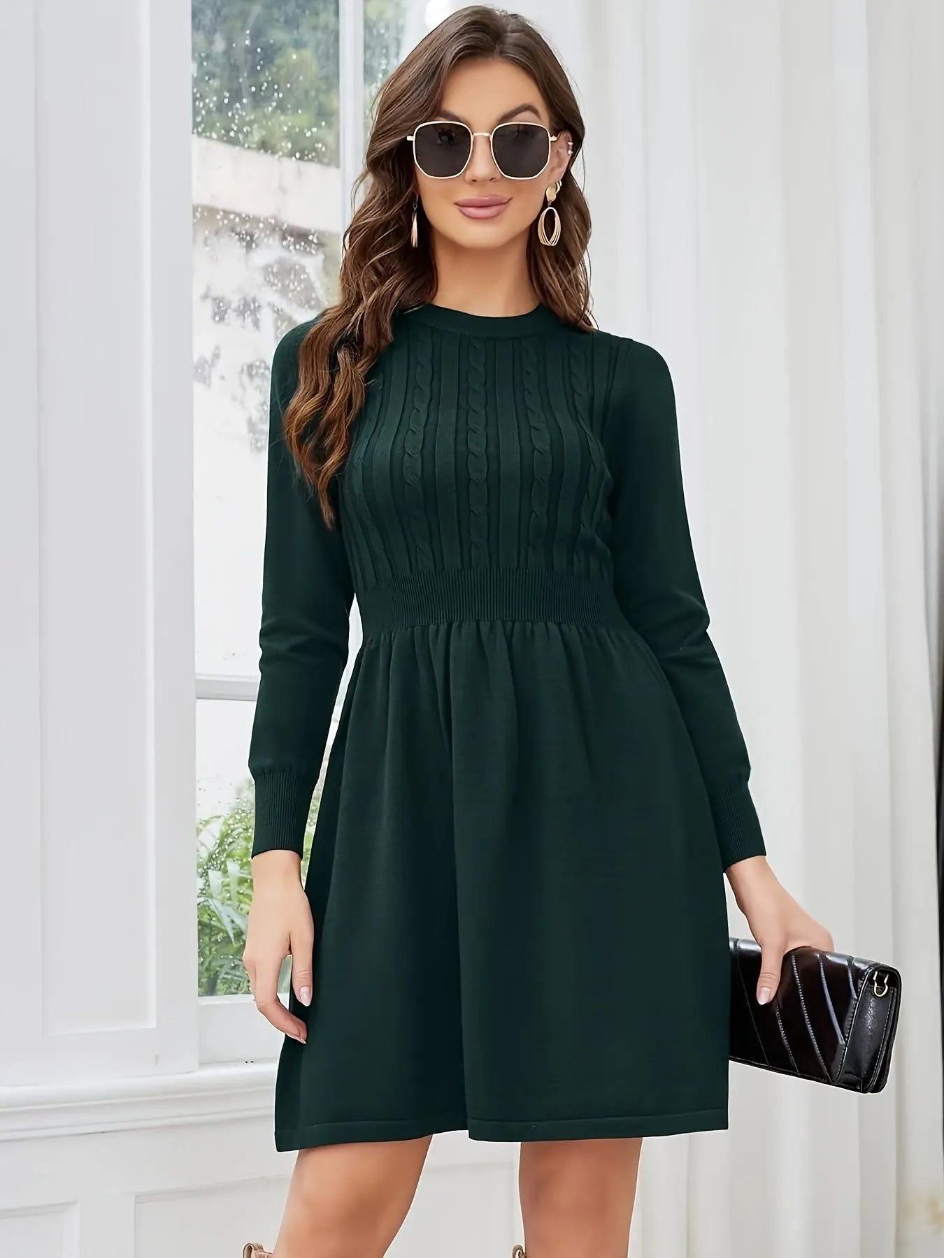 Solid Color Cable Knit Sweater Dress, Elegant Long Sleeve A Line Dress For Spring & Fall, Women's Clothing MyFave Boutique