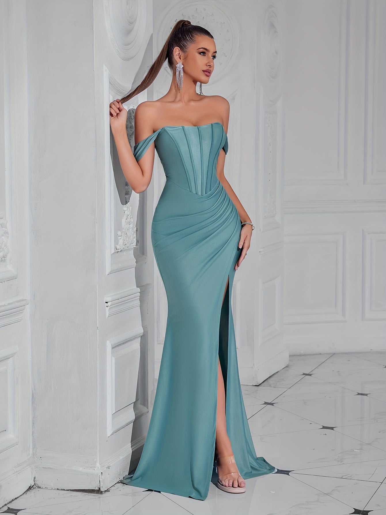 Off Shoulder Bustier Dress, Elegant Ruched Slim-Fit Split Floor Length Mother Of The Bride Dress For Wedding Party, Women's Clothing MyFave Boutique