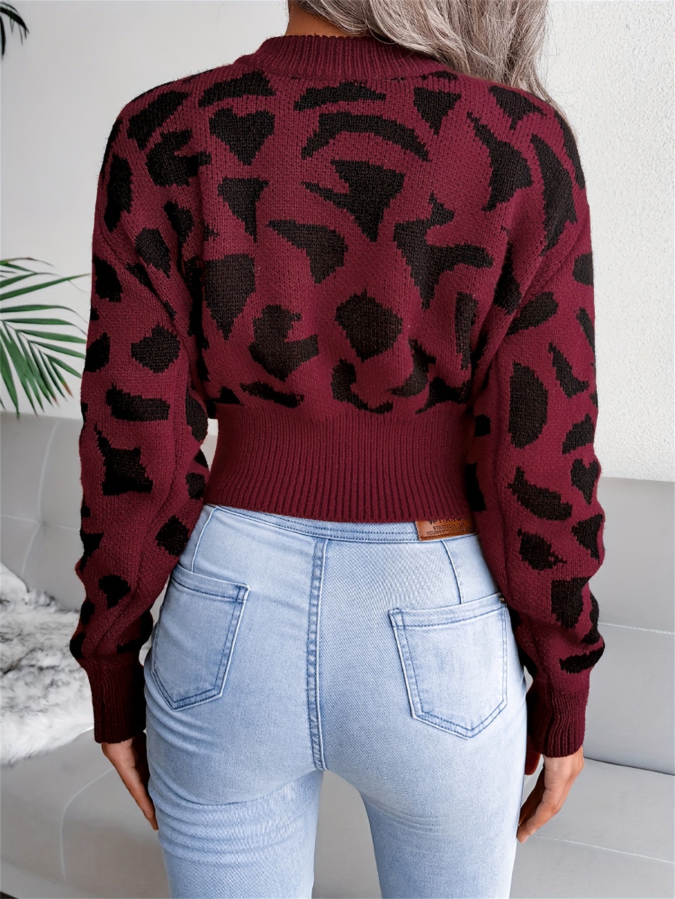 Women's Leopard Print Crop Sweater - Cozy Crew Neck Long Sleeve Top for Fall & Winter MyFave Boutique