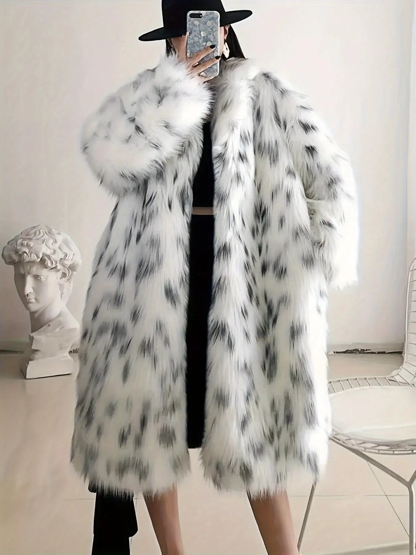 Leopard Print Open Front Faux Fur Coat, Long Sleeve Knee Length Thermal Coat for Women, Fall & Winter Fashion MyFave Boutique