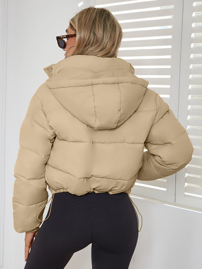 Stand Collar Pockets Puffer Jacket, Casual Drawstring Long Sleeve Jacket For Winter, Women's Clothing MyFave Boutique