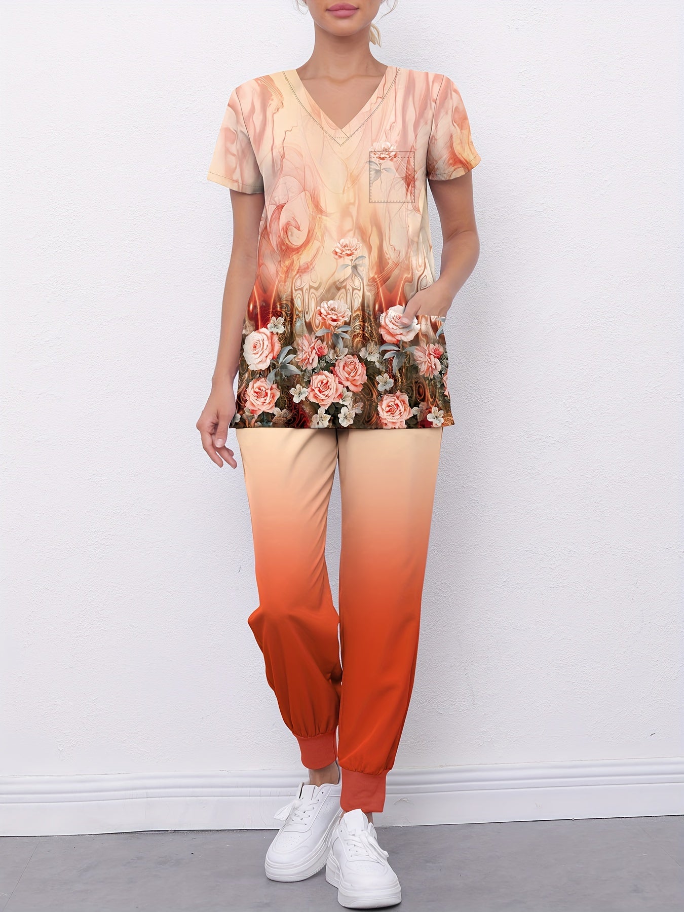 Floral Print V-Neck Scrub Top & Gradient Jogger Pants Set for Nurses and Women MyFave Boutique