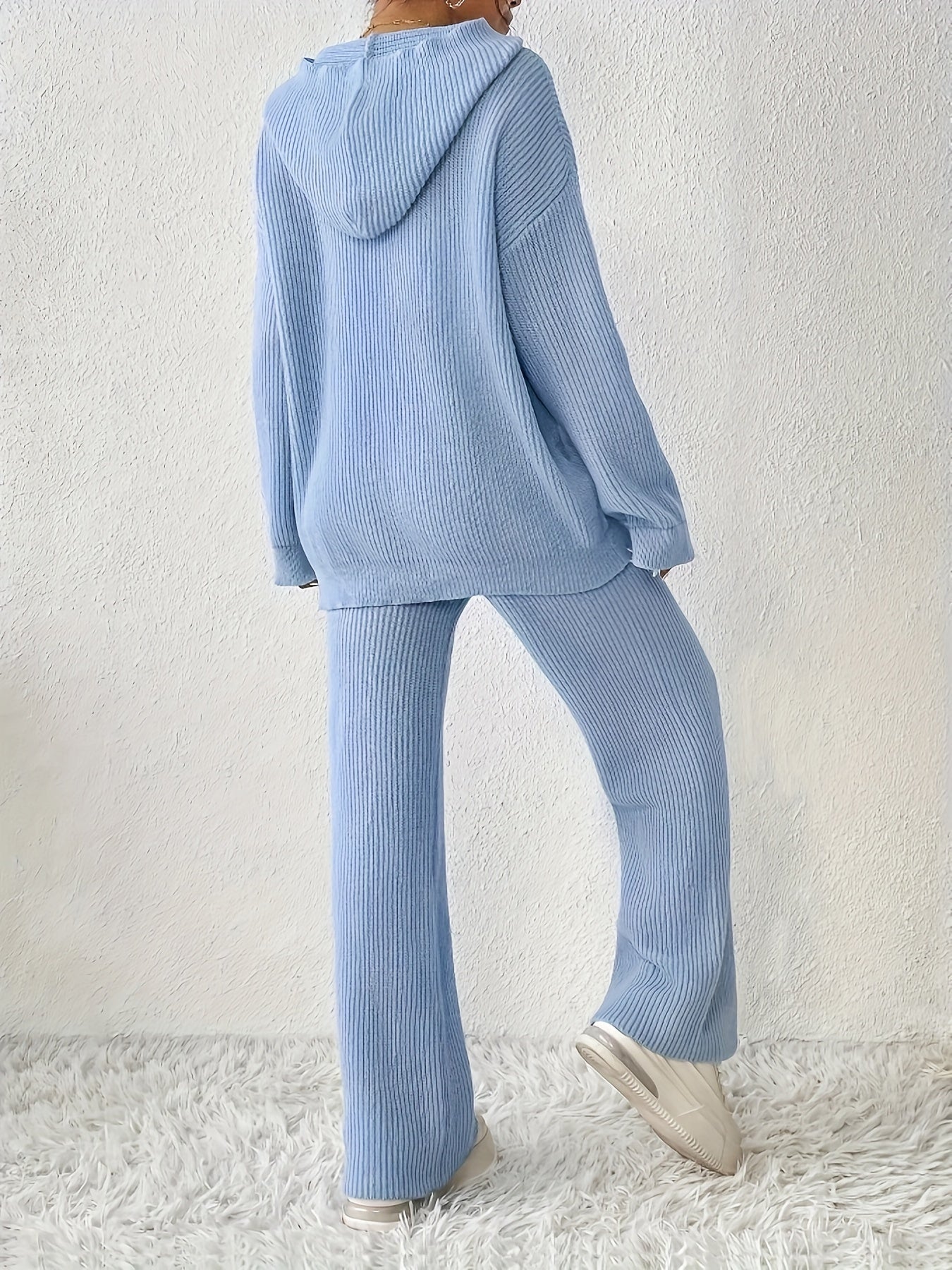 Solid Color Ribbed Knitted Hoodie Two-piece Set, Casual Drop Shoulder Long Sleeve Kangaroo Pocket Hoodies Sweatshirt & Elastic Waist Straight Leg Pants Outfits, Women's Clothing MyFave Boutique