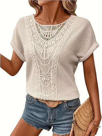 Lace Patchwork Crew Collar T-shirt, Casual Short-sleeved Top Spring/Summer, Women's Wear MyFave Boutique