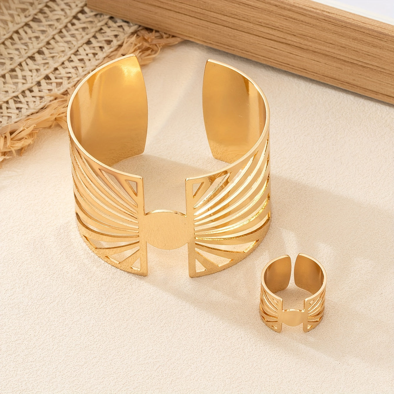 Elegant Golden-Tone Open Cuff Bracelet and Ring Set - Chic Hollow Design for Casual Attire, Parties, and Gifts MyFave Boutique