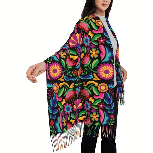 Women's Elegant Floral Mexican Shawl Wrap - Polyester Scarf with Soft Cashmere Feel - Large Warm Blanket for Night Out - Hand Washable or Professionally Dry Cleaned - Mature Style Woven Scarf with Decorative Fringe MyFave Boutique