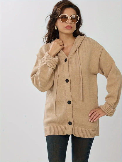 [Elegant Directional Plus Size Medium Long Hooded Knitted Sweater Cardigan Autumn And Winter Casual Loose Women's Solid Color Sweater Jacket Top] MyFave Boutique