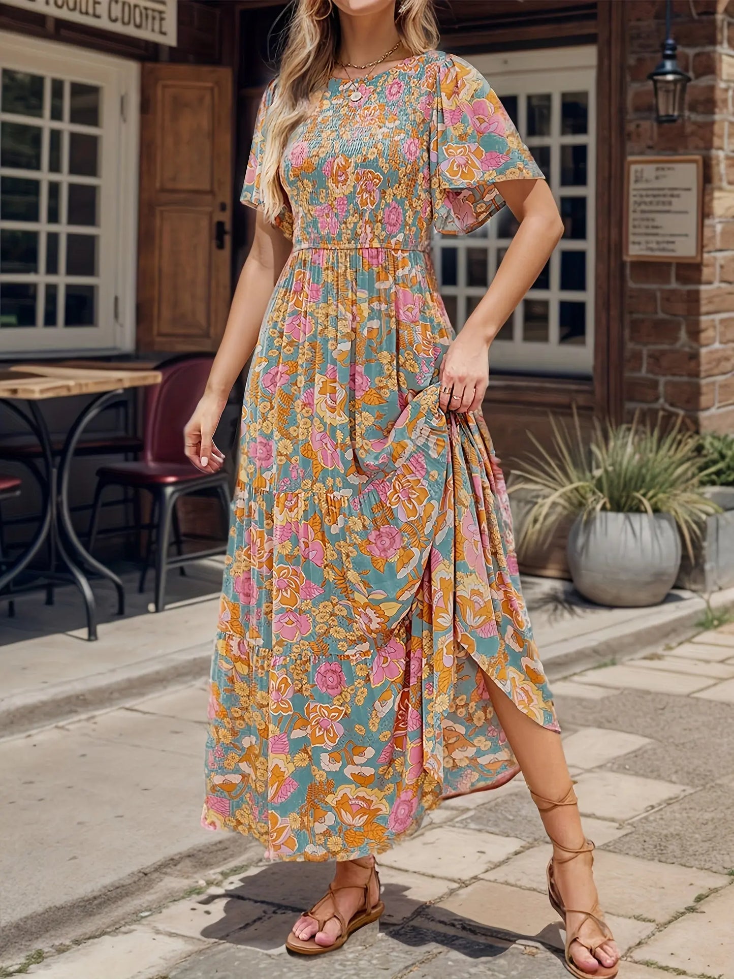 Floral Print Shirred Bust Dress - Elegant Ruffle Sleeve A-line Dress, Maxi Dress, for Spring & Summer MyFave Boutique