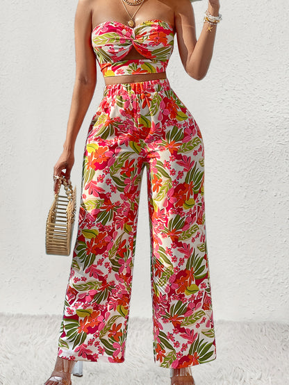 Floral Print Vacation Casual Pants Set, Cut Out Crop Tube Top & Elastic Waist Pants Outfits, Women's Clothing MyFave Boutique