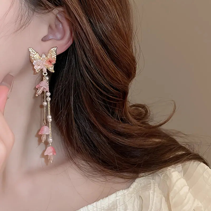 Elegant Butterfly & Flower Tassel Earrings with Crystal & Pearl Accents - Chic 925 Silvery Posts, Perfect for Everyday & Party Wear MyFave Boutique