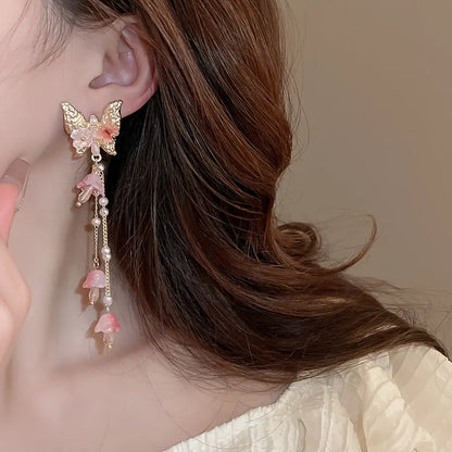 Elegant Butterfly & Flower Tassel Earrings with Crystal & Pearl Accents - Chic 925 Silvery Posts, Perfect for Everyday & Party Wear MyFave Boutique