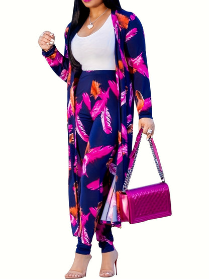 Women's Two-Piece Floral Print Set - Long Sleeve Open Front Cover Up and High Waisted Bodycon Pants MyFave Boutique