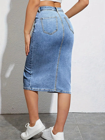 High-Waisted Vintage Plain Midi Denim Skirt With Front Split For Spring/Summer – Retro Style MyFave Boutique