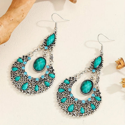 1 Pair Of Luxurious Dangle Earrings With Rhinestone And Turquoise Texture, Vintage Bohemian Style, Eye-Catching Shiny Statement Jewelry For Women MyFave Boutique