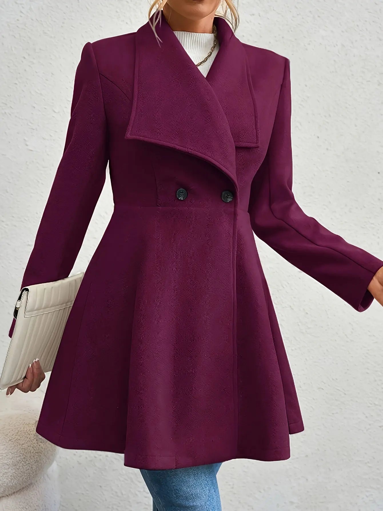 Double-breasted A-line Lapel Coat, Elegant Solid Long Sleeve Longline Coat For Fall & Winter, Women's Clothing MyFave Boutique