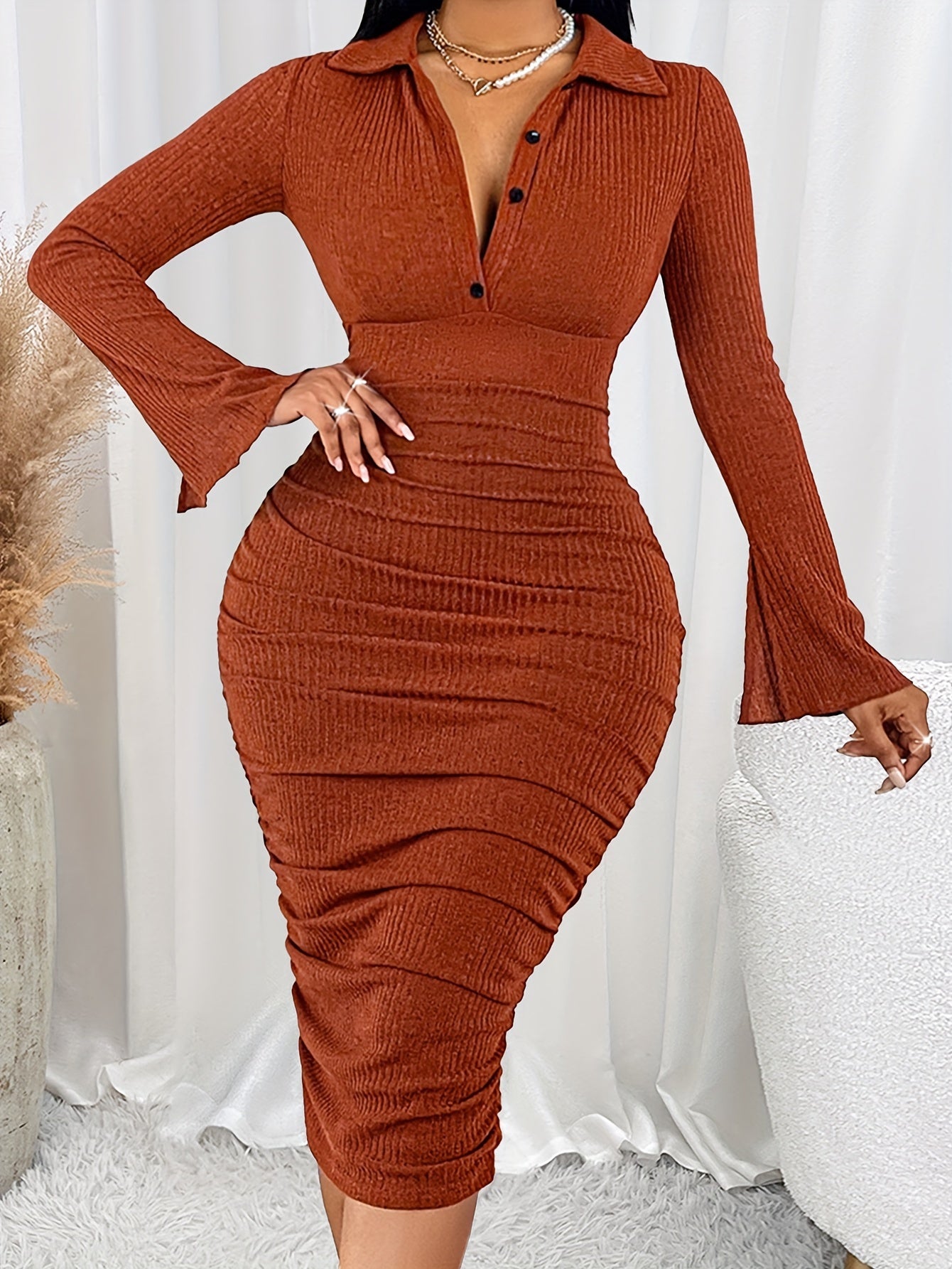 Women's Elegant Knit Midi Dress with Collar, Bell Sleeves, Ruched Waist, Solid Color, Long Sleeve, Button Detail, Regular Fit, Adult Size, Polyester Fabric, Autumn Collection MyFave Boutique