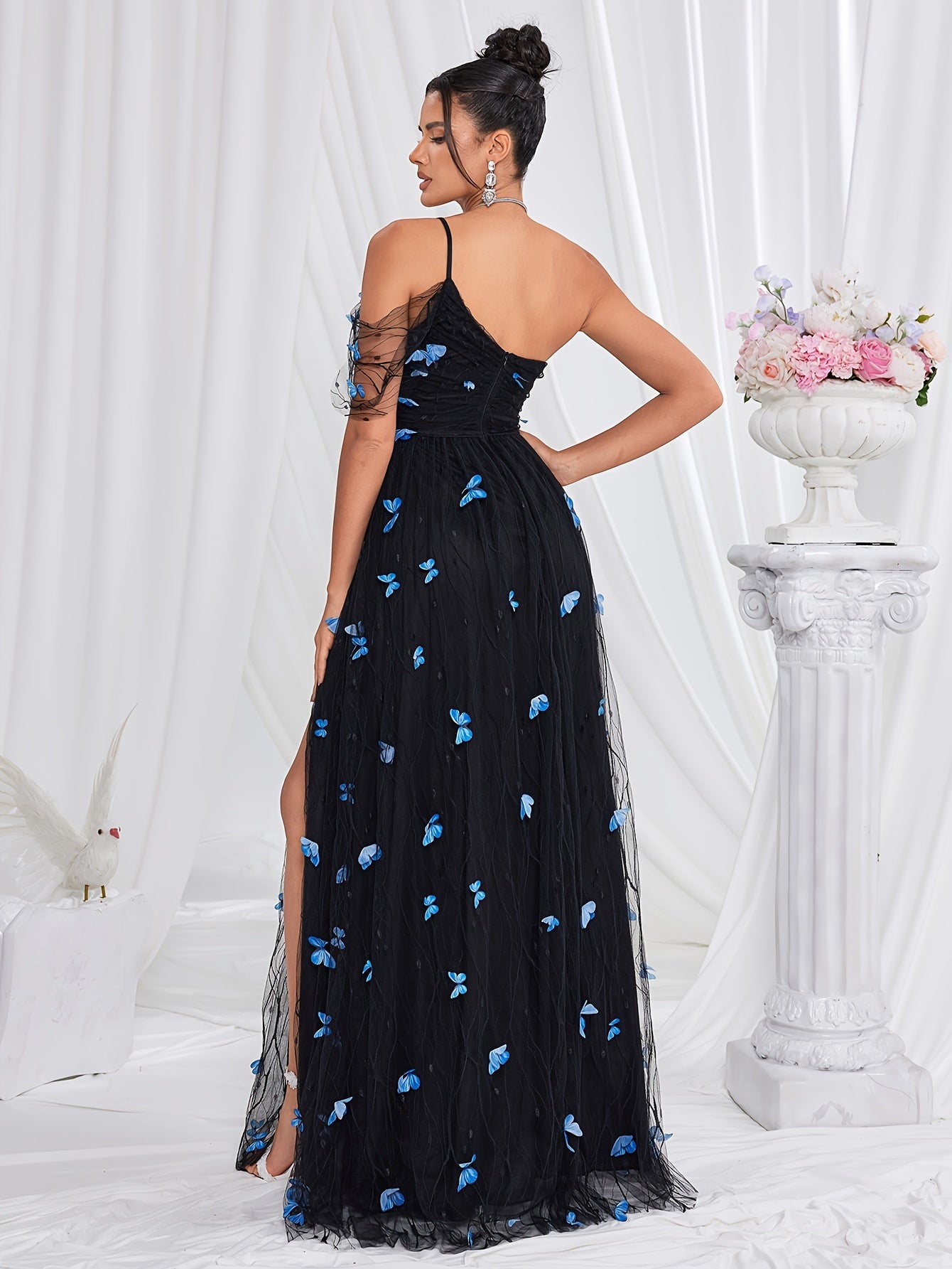 Butterfly Applique One Shoulder Dress, Elegant Split Thigh Floor Length Evening Dress For Party & Banquet, Women's Clothing MyFave Boutique