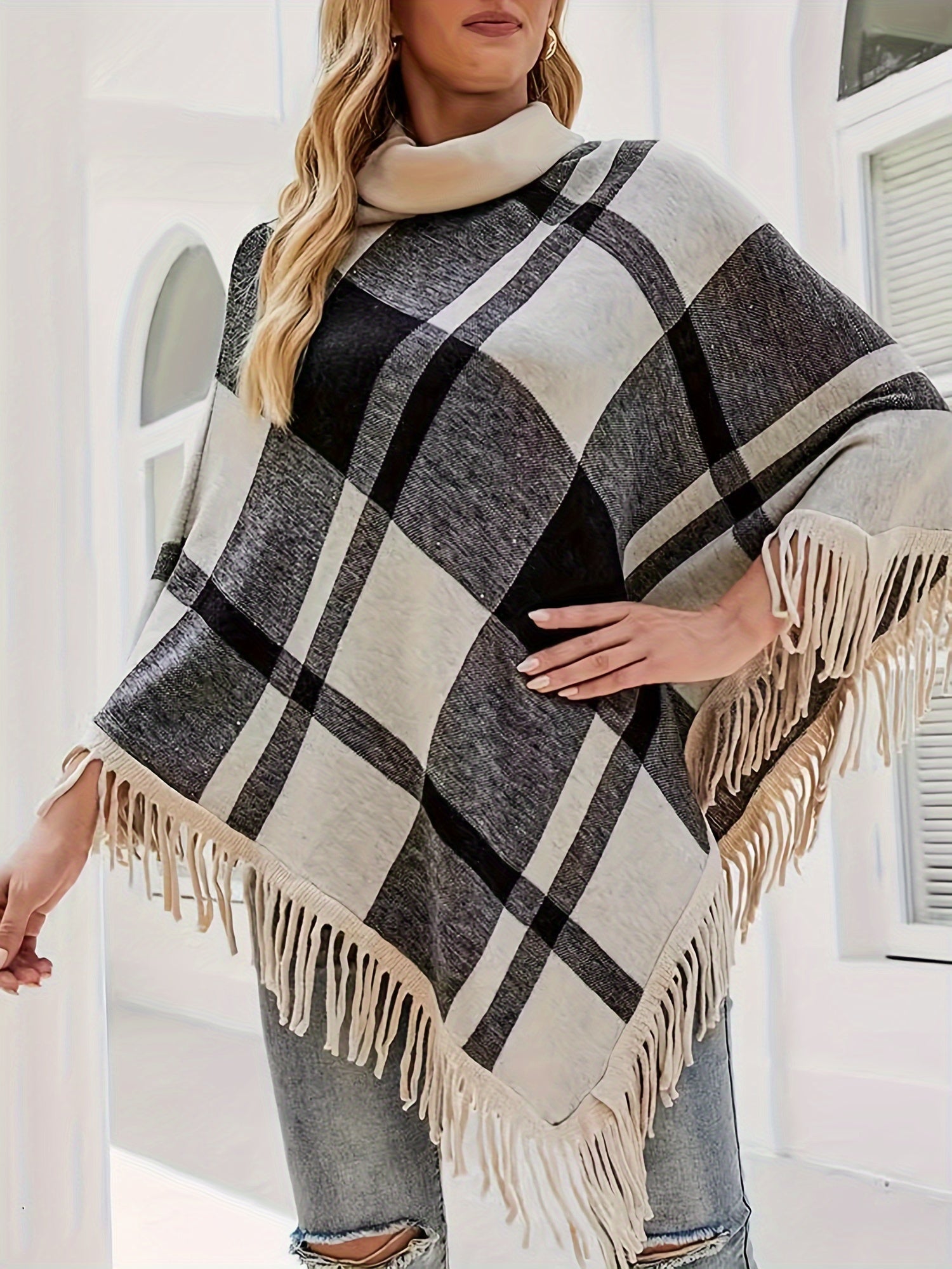 Plaid Pattern Turtle Neck Poncho Sweater, Elegant Fringe Hem Loose Shawl Sweater, Women's Clothing MyFave Boutique