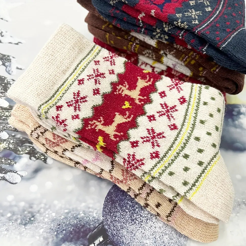 5pcs 5 Pairs Festive Reindeer & Snowflake Wool Socks, Cozy Thick Warm Winter Socks for Women, Soft Polyester Blend, Machine Washable MyFave Boutique