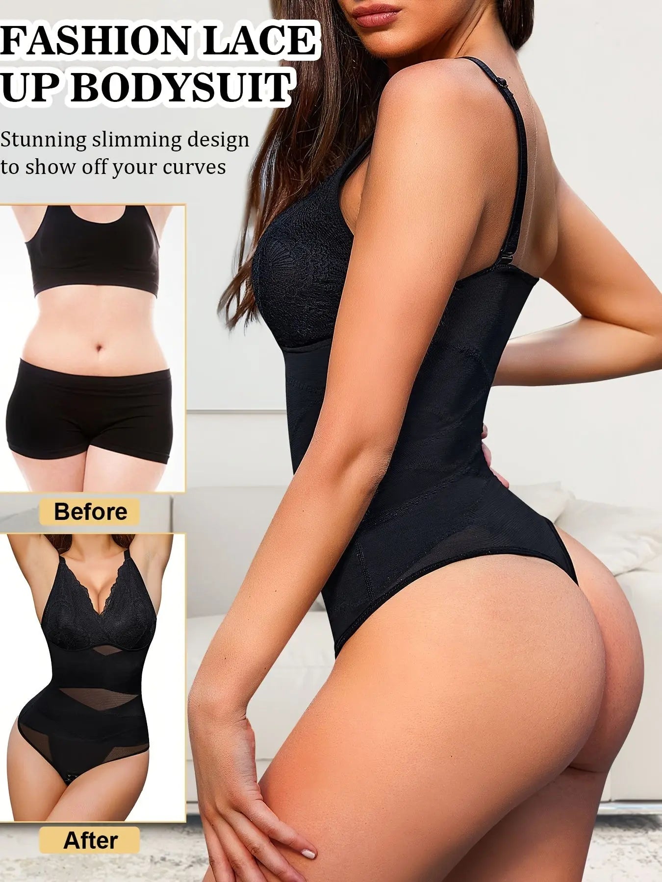 Solid Contrast Lace Snap Crotch Thong Shaping Bodysuit, Simple & Soft Tummy Control Slimmer Body Shaper, Women's Underwear & Shapewear MyFave Boutique