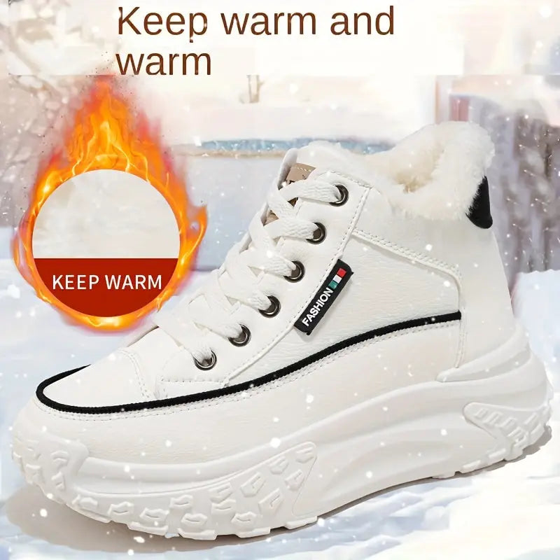 Women's Solid Color Fluffy Sneakers, Lace Up Platform Soft Sole Warm Thermal Lining Shoes, Winter Non-slip Snow Canvas Shoes MyFave Boutique