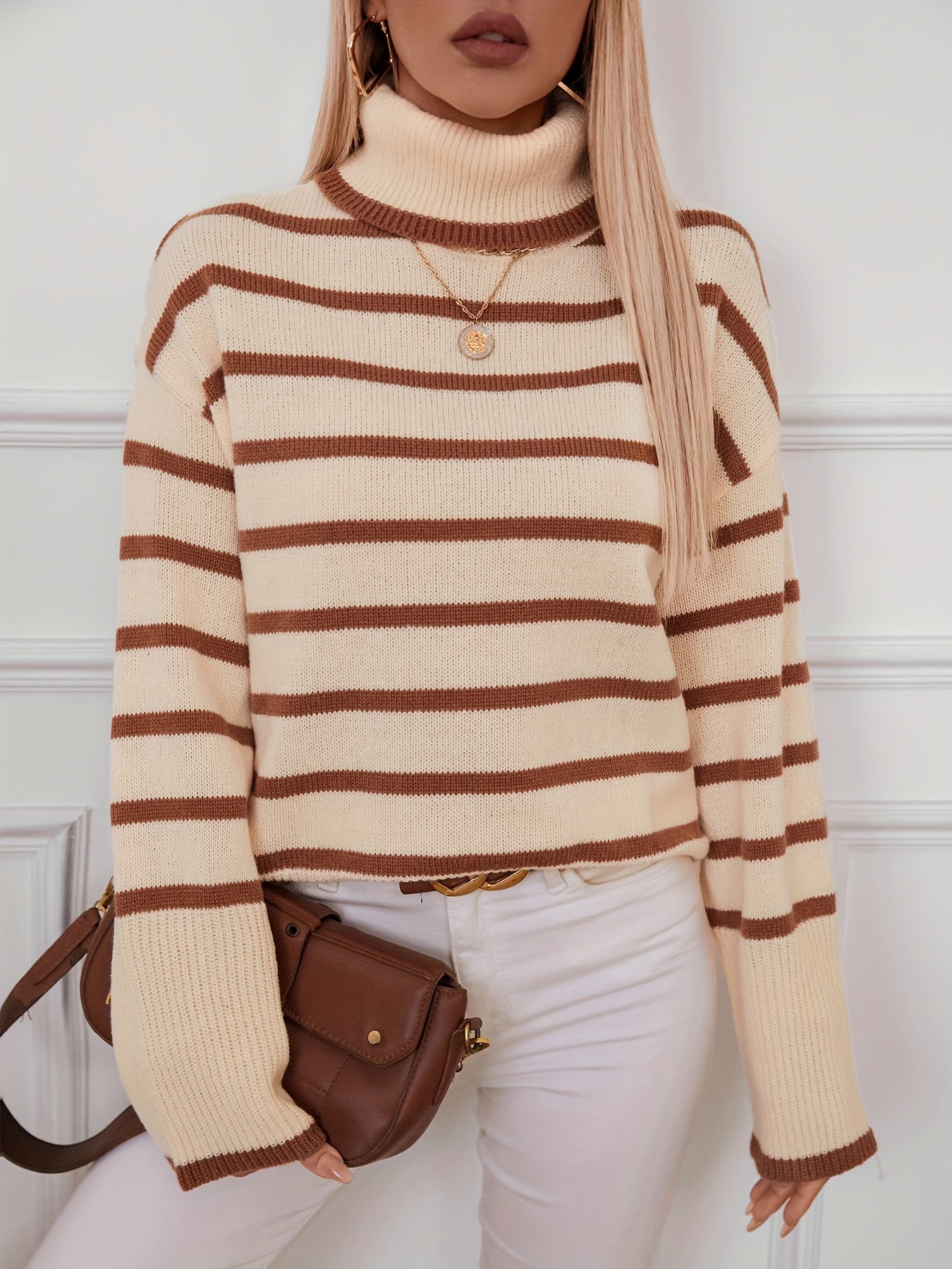 Chic Color Block Striped Turtleneck Sweater for Women - Casual Long Sleeve Knit Top, Perfect for Fall/Winter MyFave Boutique