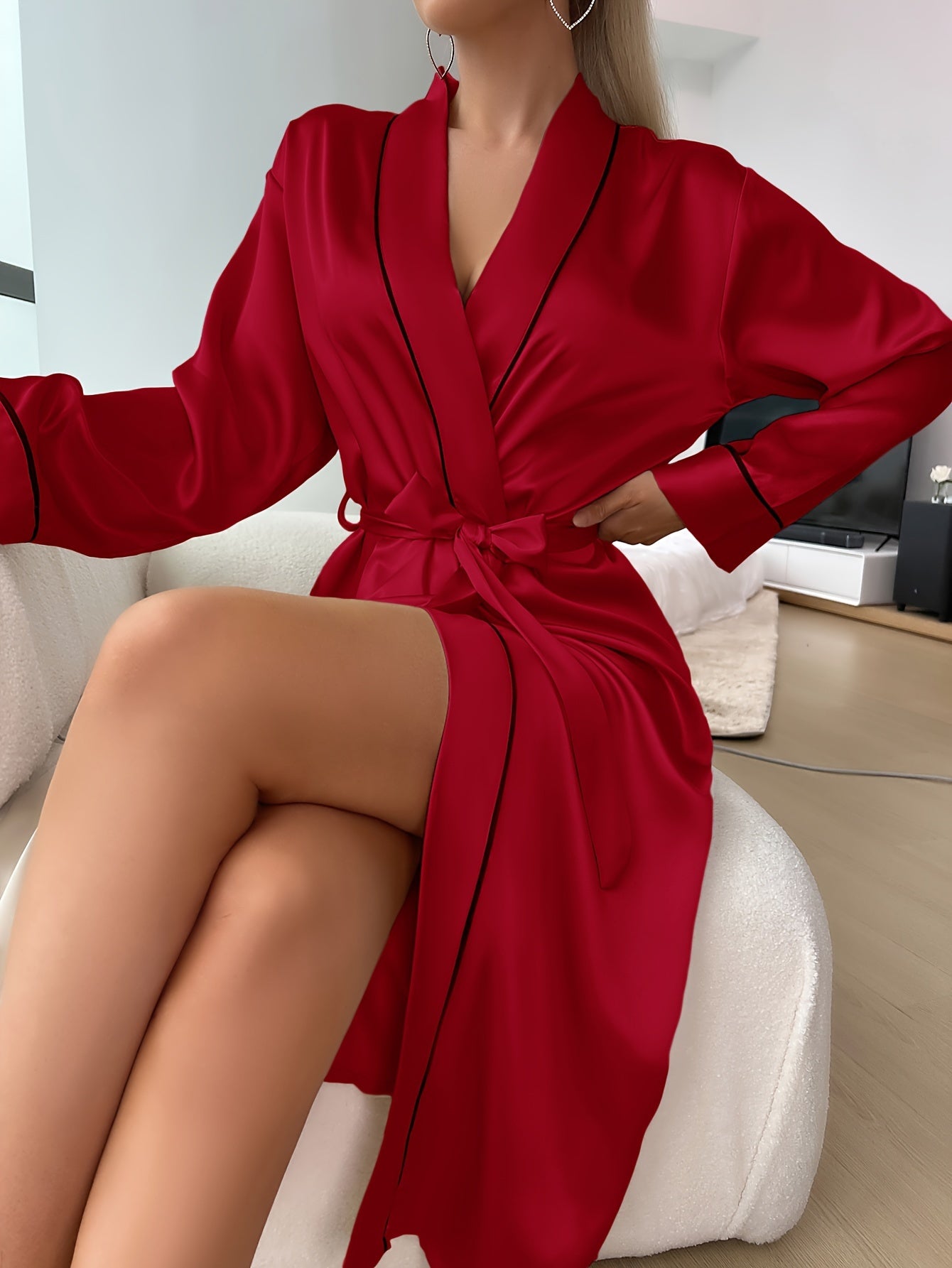 Elegant Solid Satin Night Robe with Long Sleeves, V-Neckline, and Belt - Luxurious Women's Sleepwear for Ultimate Comfort and Style MyFave Boutique