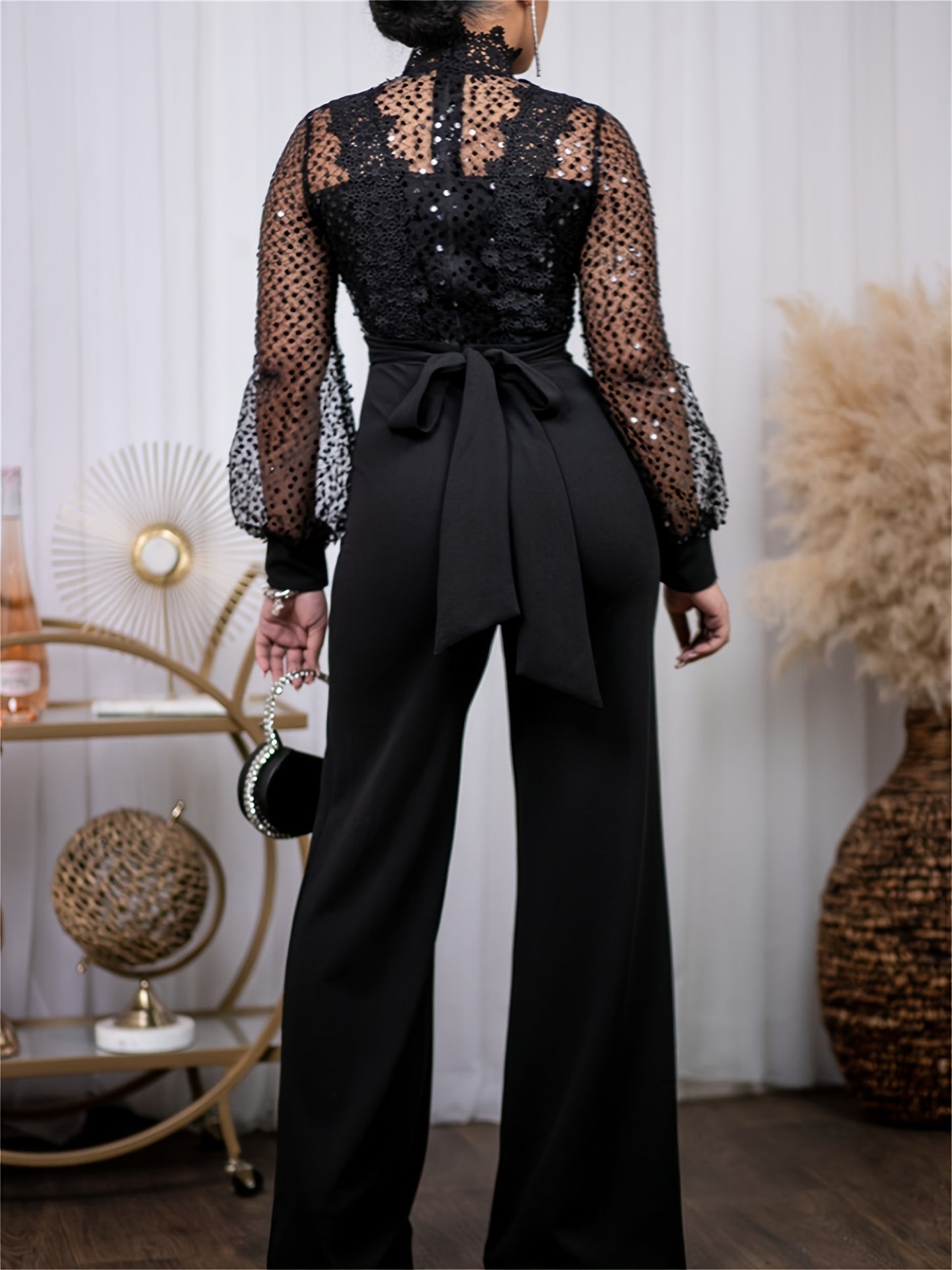 Black Long Sleeve Sequin Embroidered Mesh Sexy Formal Wide Leg Pants Jumpsuit MyFave Boutique