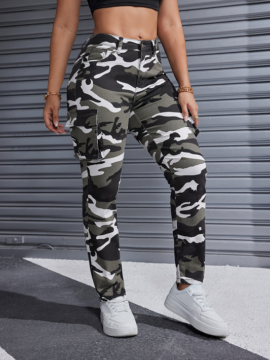 Camo Print Side Flap Pocket Streetwear Cargo Jeans Denim Pants, Women's Denim Jeans & Clothing MyFave Boutique