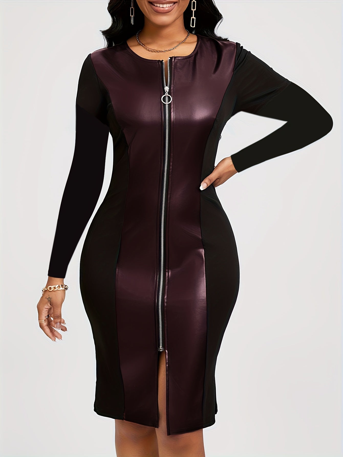 Faux Leather Zipper Front Dress, Elegant Long Sleeve Split Hem Bodycon Dress For Spring & Fall, Women's Clothing MyFave Boutique