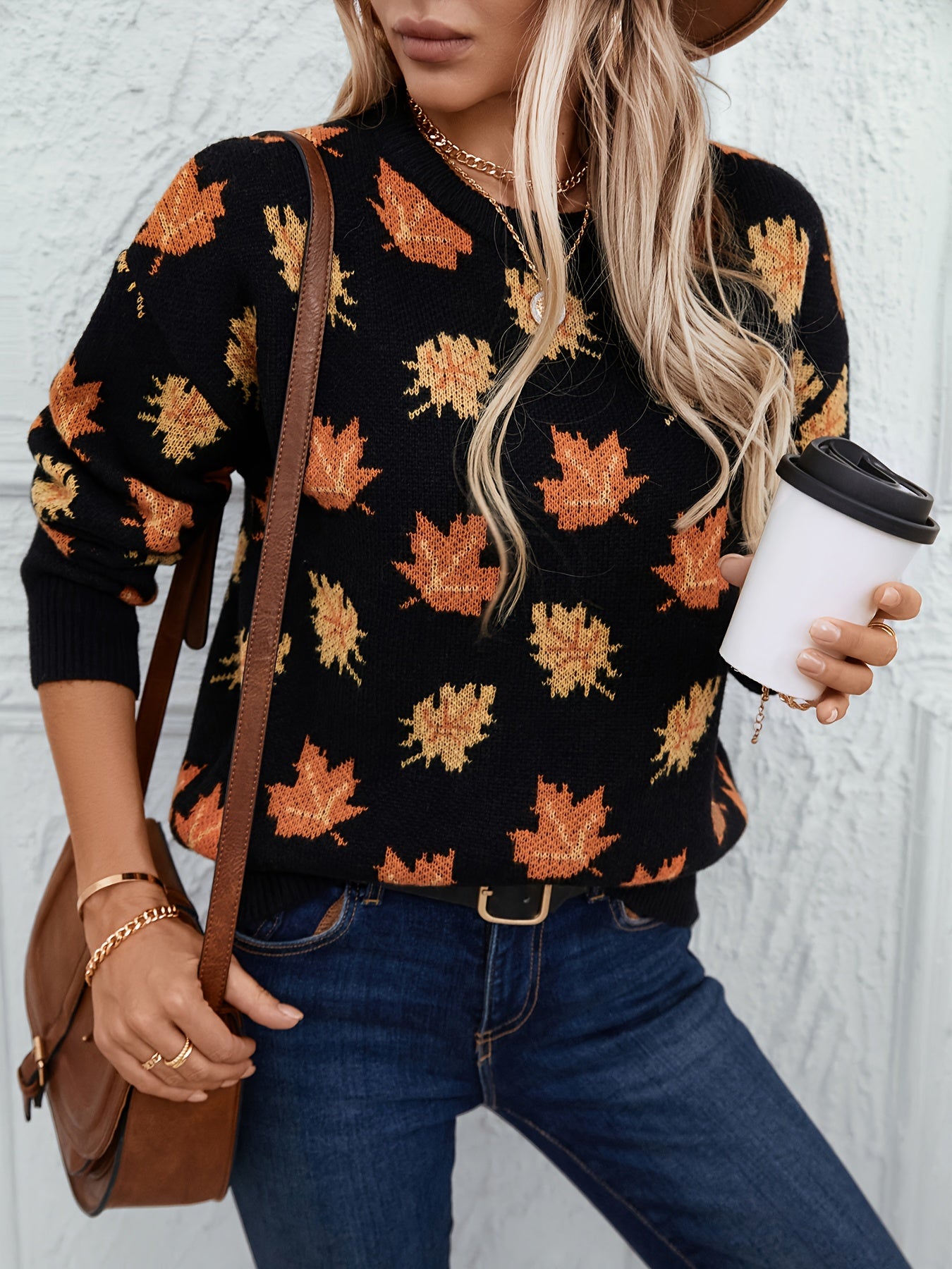 Autumn Maple Leaf Print Crew Neck Sweater - 100% Polyester Casual Knit Pullover with Long Sleeves, Slight Stretch, Loose Fit for Fall/Winter MyFave Boutique