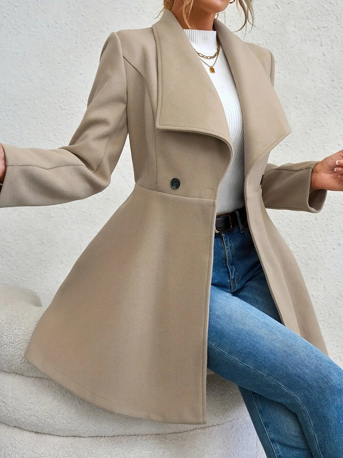 Double-breasted A-line Lapel Coat, Elegant Solid Long Sleeve Longline Coat For Fall & Winter, Women's Clothing MyFave Boutique