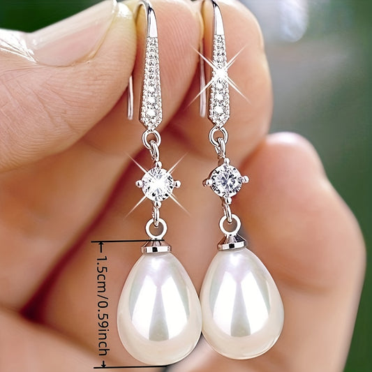 1 Pair of Exquisite Inlaid Shiny Zircon Imitation Pearl Pendant Earrings - Elegant Jewelry for Women, Brides, and Anniversaries - Perfect Engagement Gift, Wedding Accessory, and Romantic Token MyFave Boutique