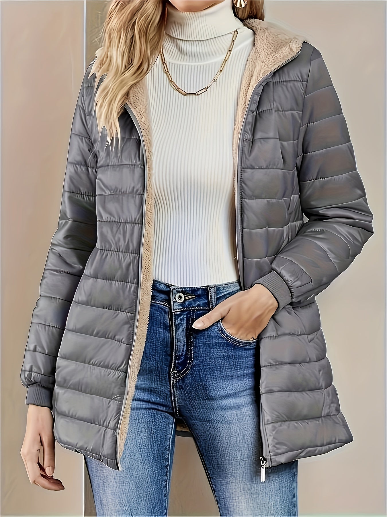 Solid Color Zipper Front Hooded Coat, Casual Long Sleeve Warm Outwear For Fall & Winter, Women's Clothing MyFave Boutique