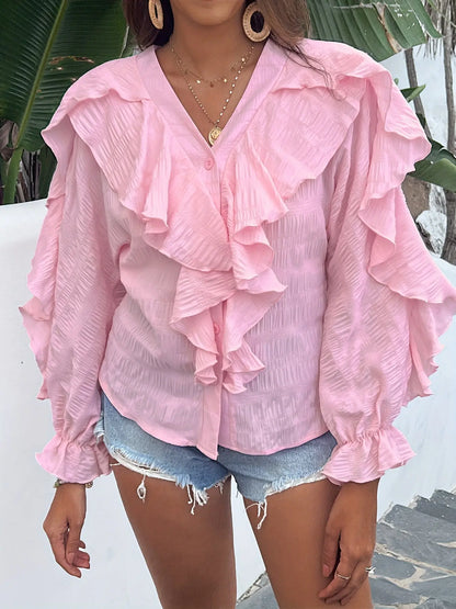 Ruffle Trim Button Front Blouse, Casual Long Flounce Sleeve Textured Blouse For Spring & Fall, Women's Clothing MyFave Boutique